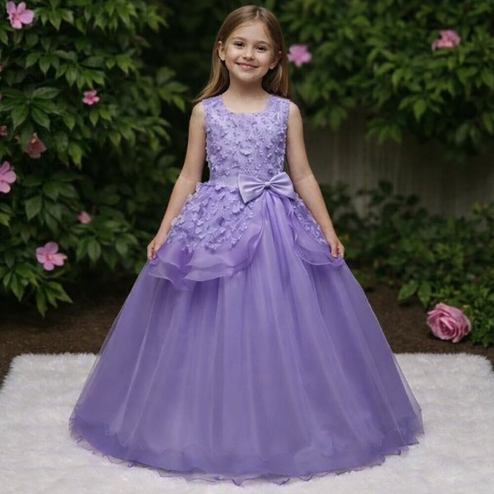 Girls Lilac 3D Floral Tulle Ball Gown – Size 12 Formal Dress